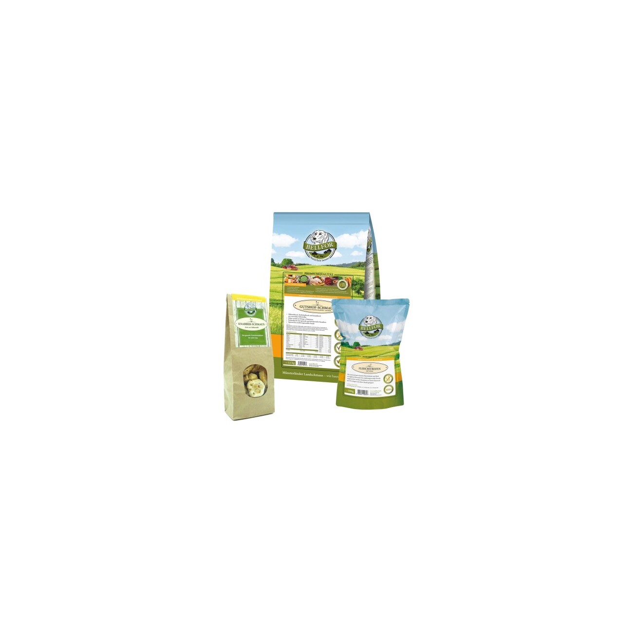 Bellfor Sparset Nr. 4. Gutshof Schmaus 7,5kg + Enten Fleischstreifen 100g + Knabber Schmaus 100g
