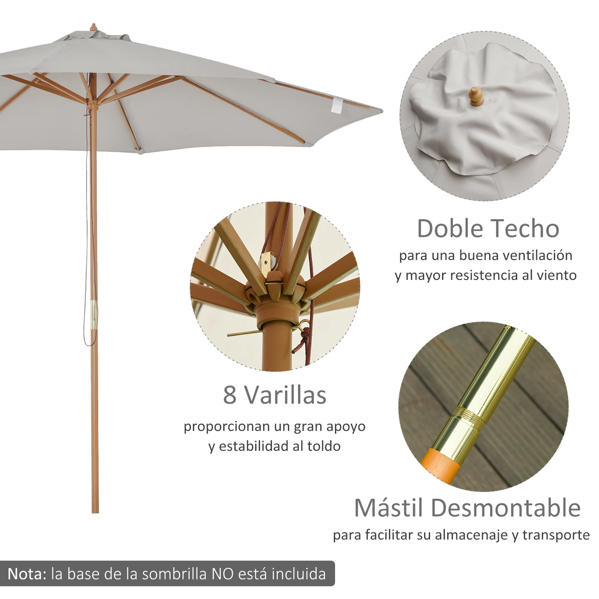 Guarda-sol de jardim Outsunny Ø300x250 cm com sistema de fixação por trava, cobertura ventilada e mastro de madeira removível para terraço, pátio e área externa, cor cinza.