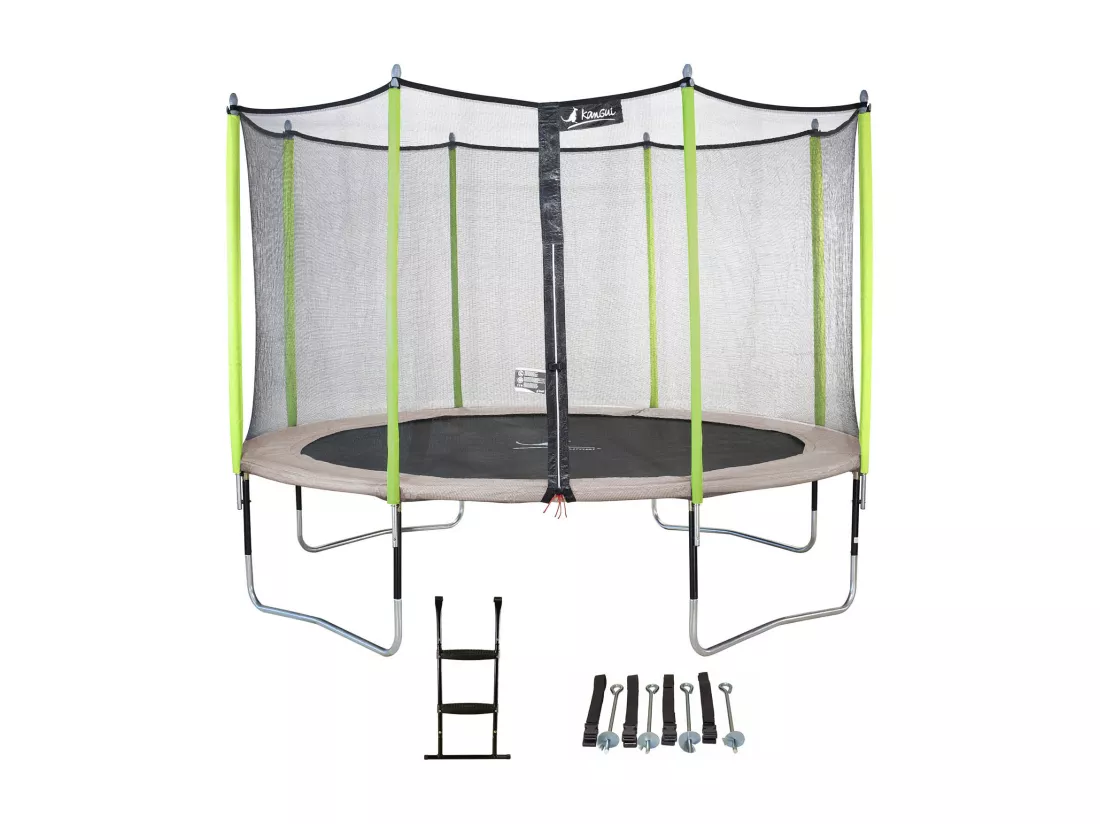 Kangui - Trampoline de jardin 365 cm + filet de sécurité + échelle + kit d'ancrage JUMPI Taupe/Vert 360