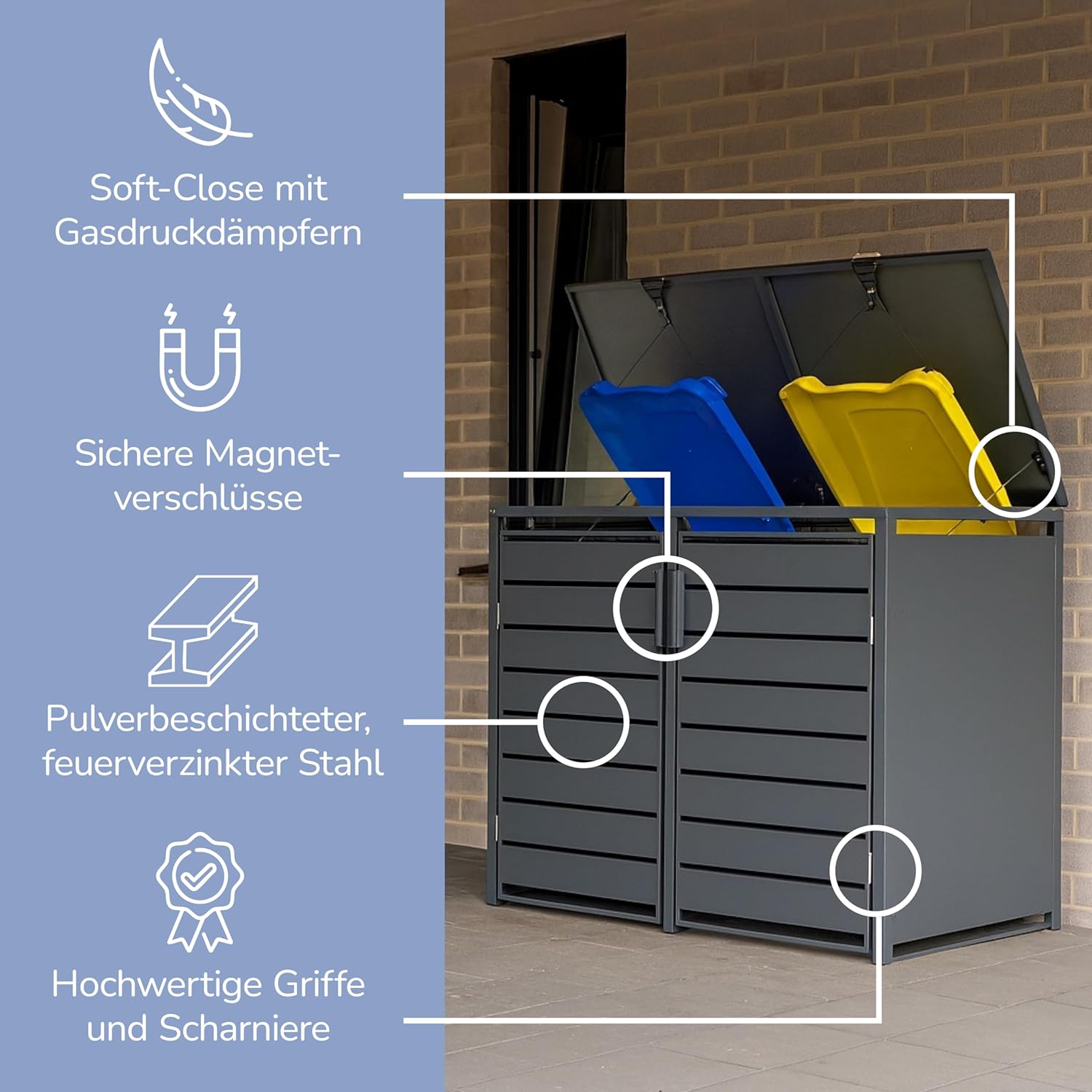 Mülltonnenbox 2er Valto mit Lamellendesign/Klappdach mit Gasdruckdämpfer