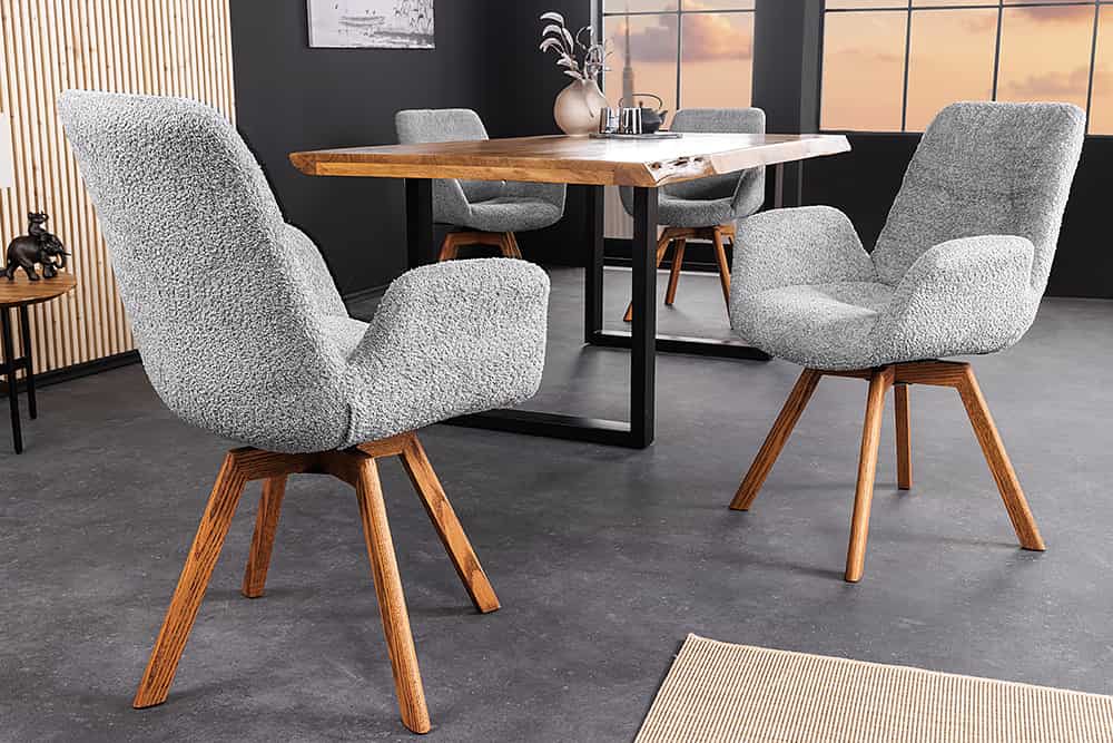 Drehbarer Design Stuhl BALTIC grau Bouclé natur Eiche Massivholz-Beine mit Armlehne