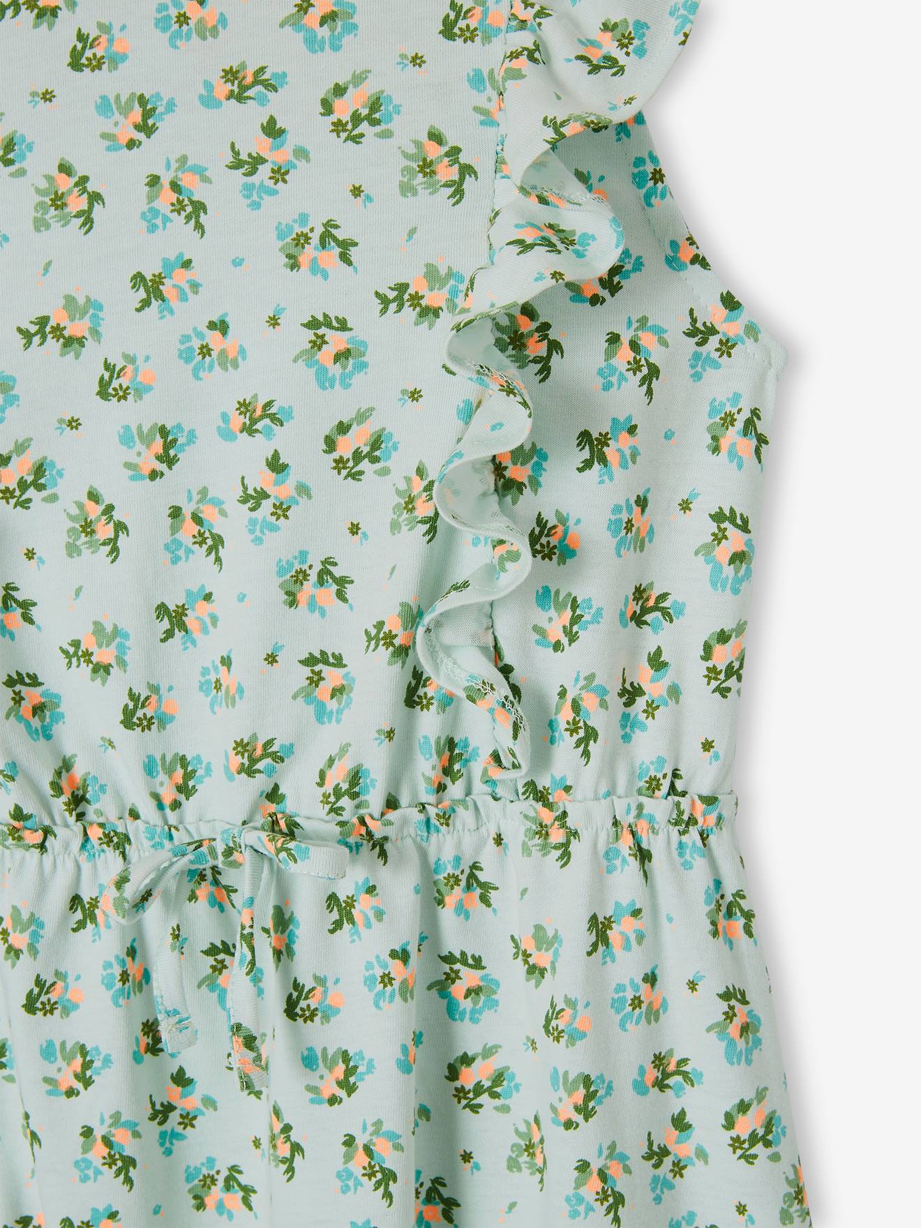 Vestido estampado com babados, para meninas, estampa verde escura