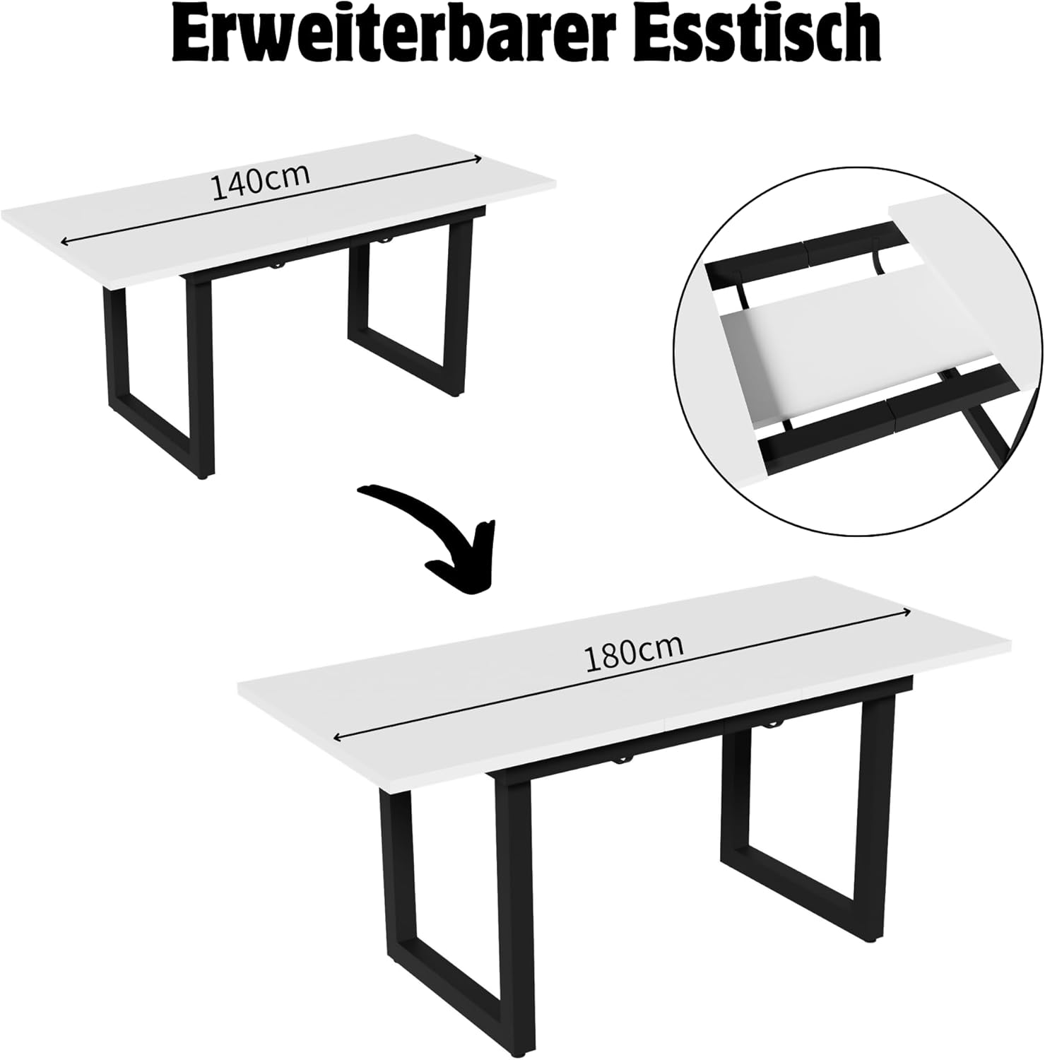 Merax Esstisch, Ausziehbar Esszimmertisch mit Tischbeine aus Metall, Rechteckiger Küchentisch für Wohnzimmer und Esszimmer, Weiß