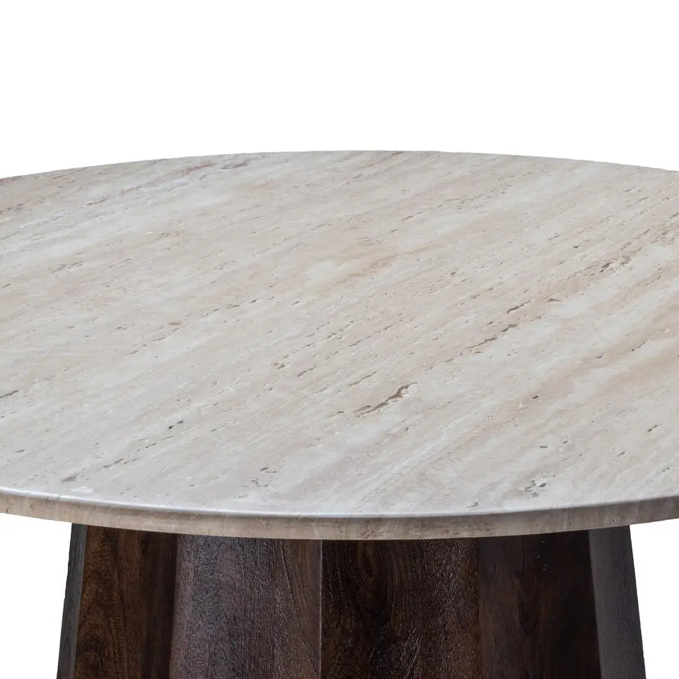 Eettafel Ø120cm - Wit Travertin Blad - Bruin Onderstel
