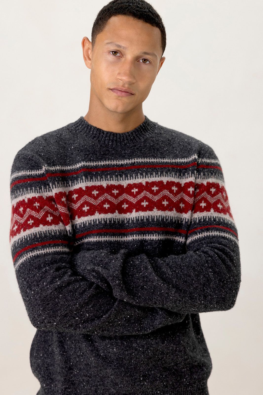 Donkergrijze wollen trui met jacquard print