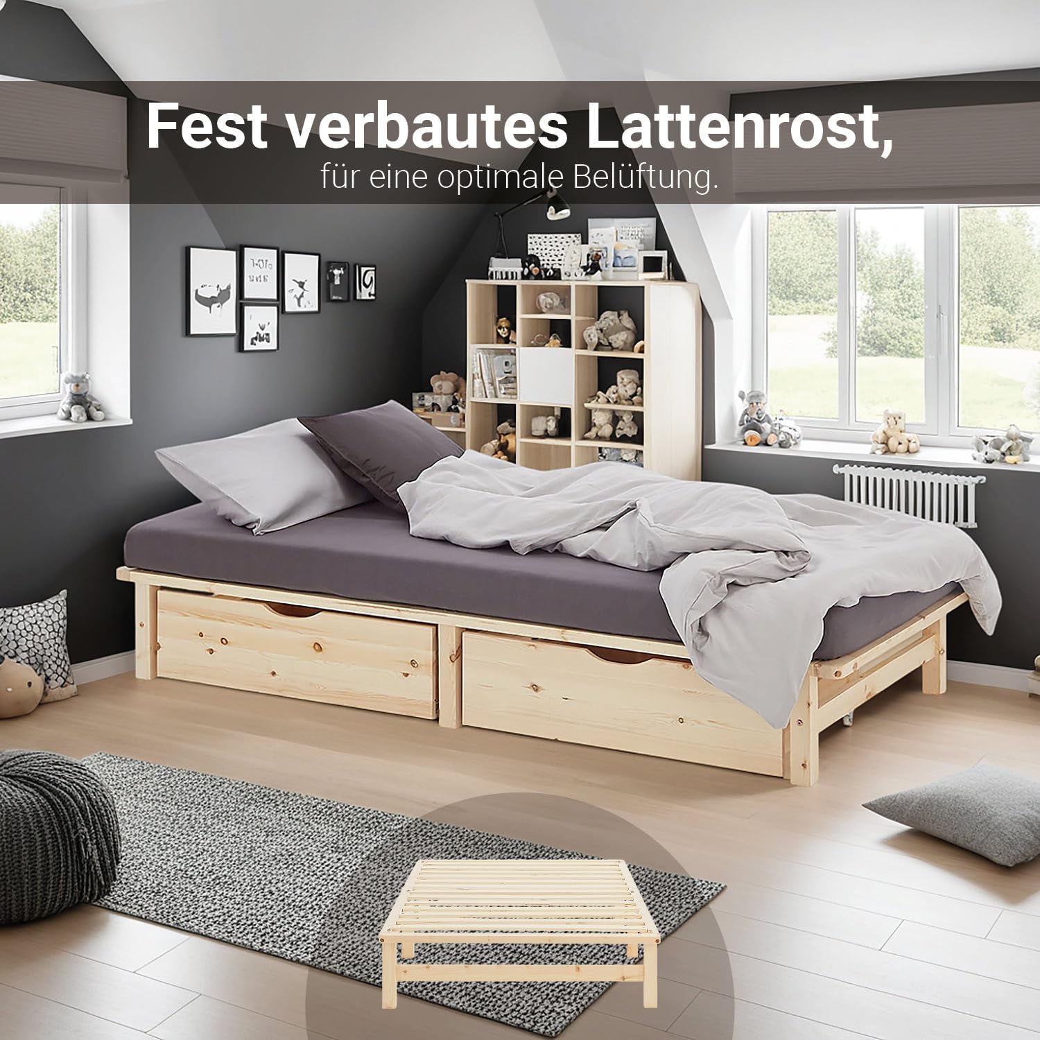 Homestyle4u Massivholzbett 100x200 mit Stauraum 2 Schubladen Palettenbett Holzbett Kiefer Natur Bettgestell mit Lattenrost