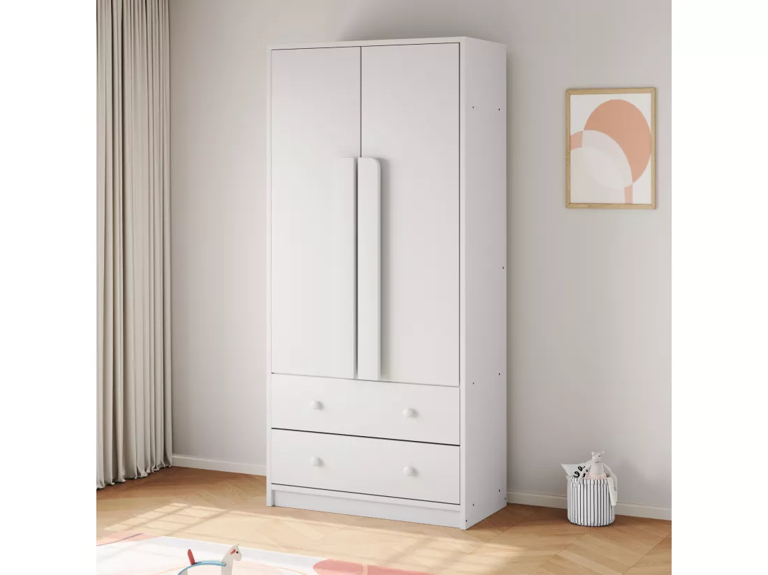 Armoire avec 2 portes et 2 tiroirs - 70 x 40 x 170 cm - Pin + contreplaqué + MDF - Blanc