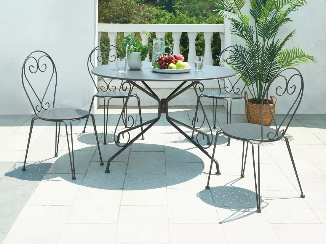 Salle à manger de jardin en métal façon fer forgé : une table D.120cm et 4 chaises empilables - Anthracite - GUERMANTES de MYLIA