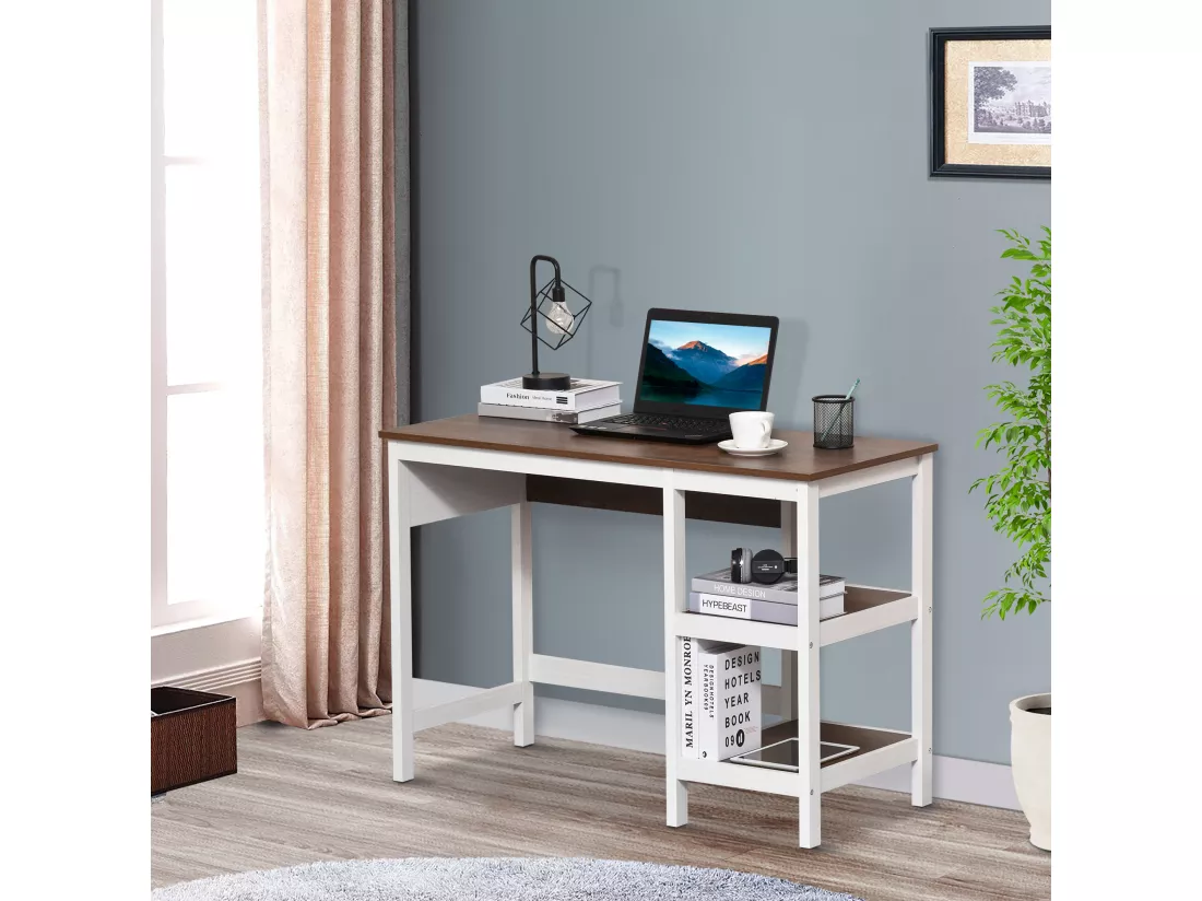 Bureau informatique multimédia dim. 110L x 48l x 76H cm 2 étagères latérales MDF E1 noyer blanc