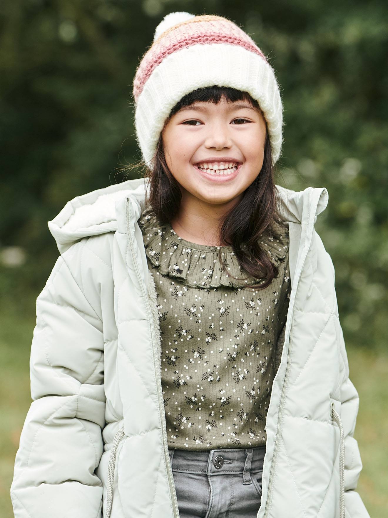 Jaqueta longa acolchoada com capuz e forro de sherpa, estampa azul escura para meninas.