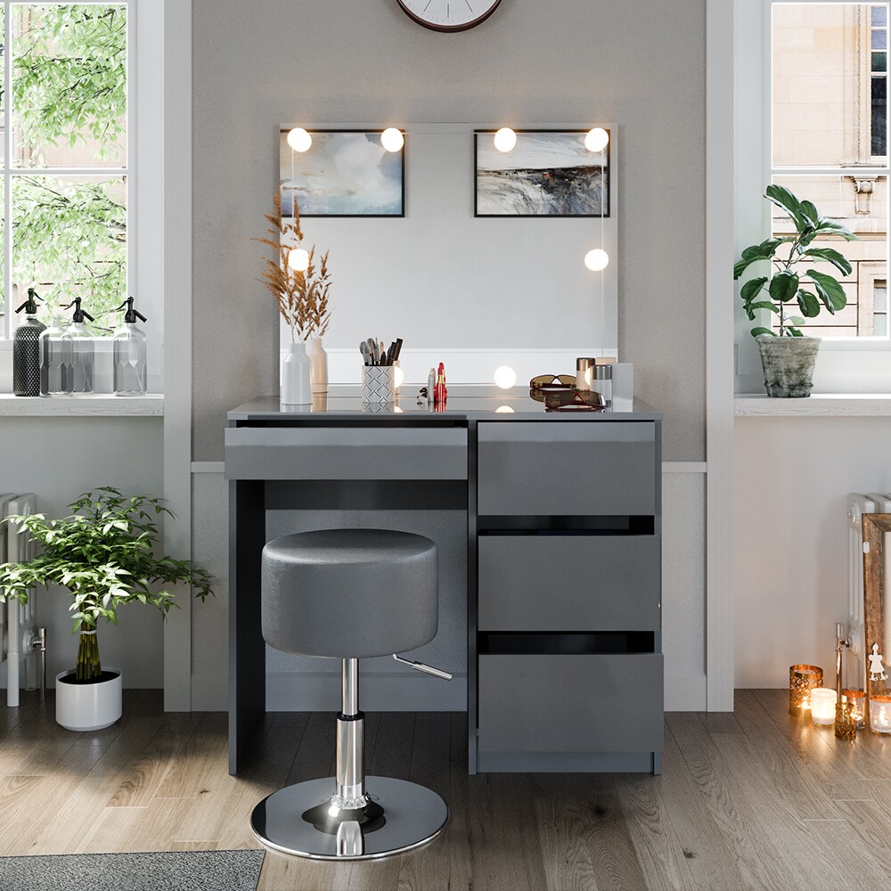 Vicco Schminktisch Sherry Grau Hochglanz, 90 x 75 cm, Spiegel, LED & Hocker