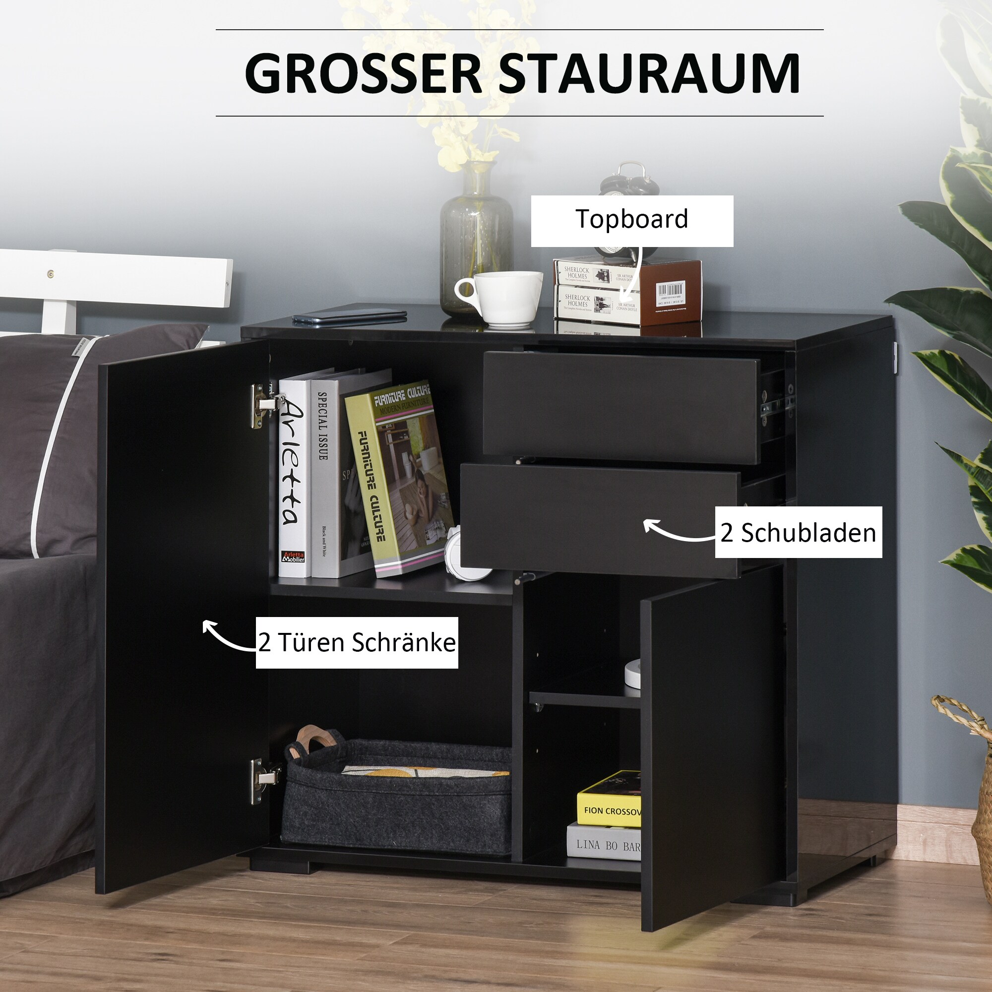 HOMCOM Sideboard mit Anti-Kippvorrichtung schwarz 79L x 36B x 74H cm