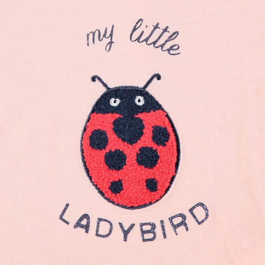 T-shirt manches longues volantées aux épaules motif coccinelle - Rose