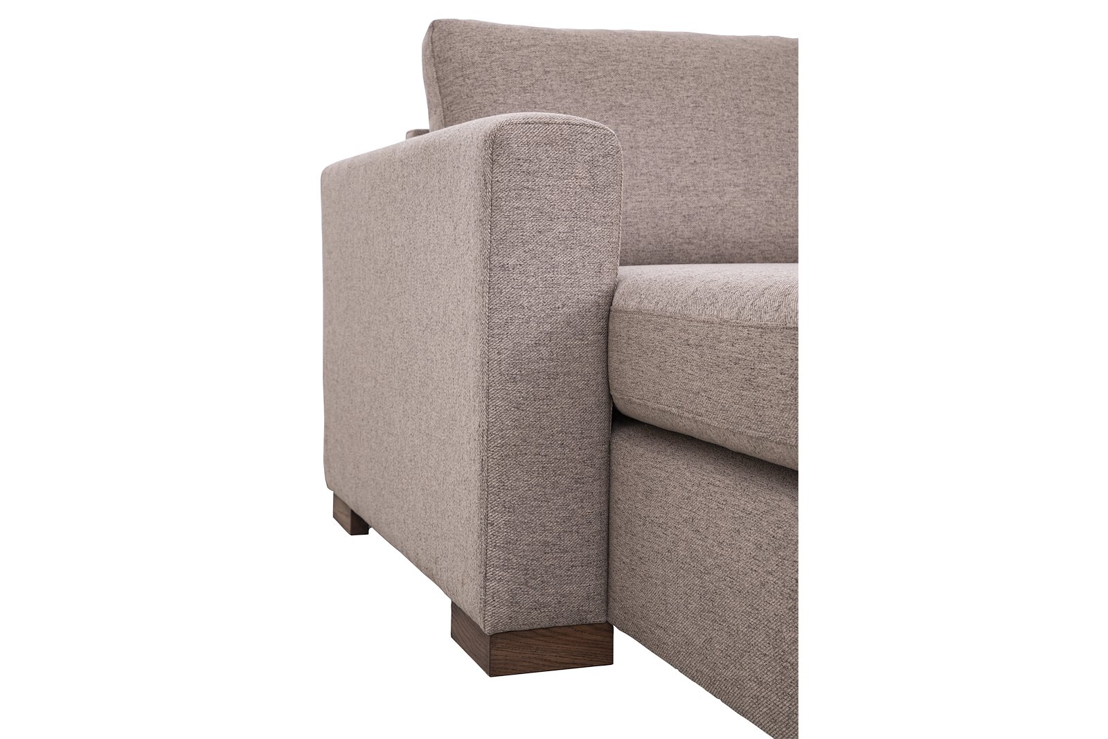 Pixel U-sofa Sjeselong venstre, 2-seter, hjørne og åpen ende høyre. I tekstil Neve 16 beige/greige, lav front, smoked treben W33, og arm A15. Komfort 1.