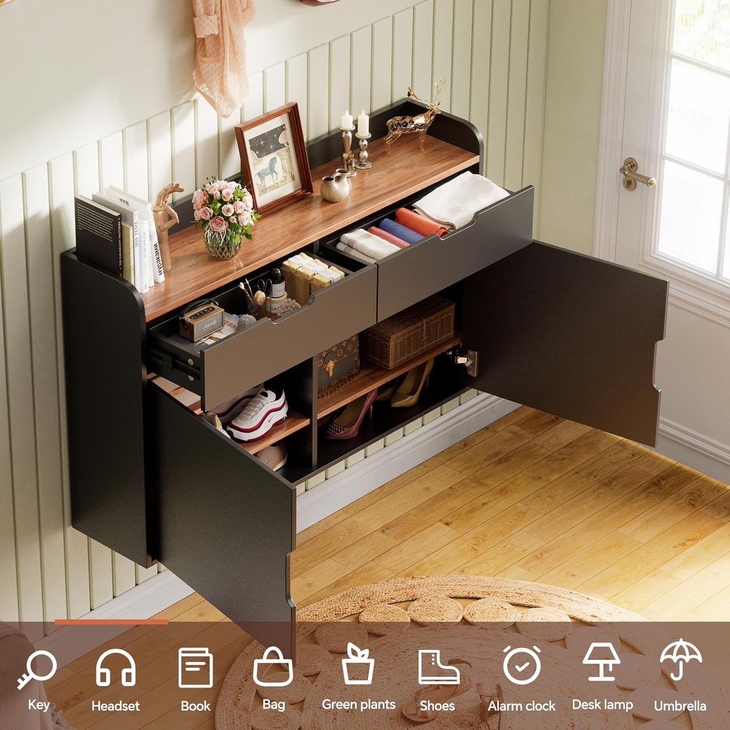 MSFE Hängender Schuhschrank Schmal Flurschrank, Schuhaufbewahrung Holz Platzsparender, Schuhschrank Schwarz mit Schublade, für Eingang, Wohnzimmer, Flur,100 x 63 x 22 cm (BxHxT)