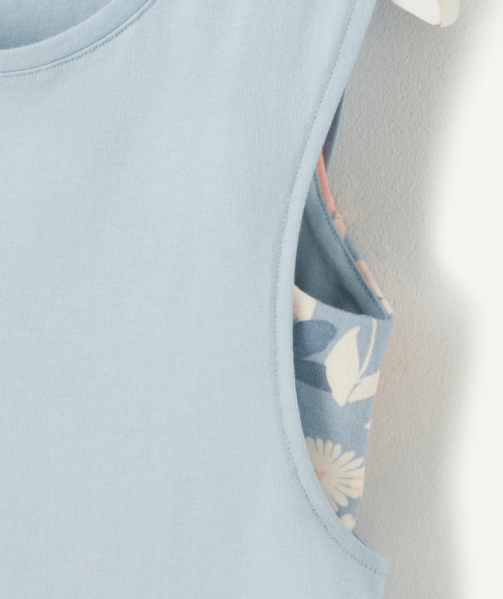 T-SHIRT 2 EN 1 FILLE BLEU AVEC BRASSIÈRE IMPRIMÉE FLEURIE