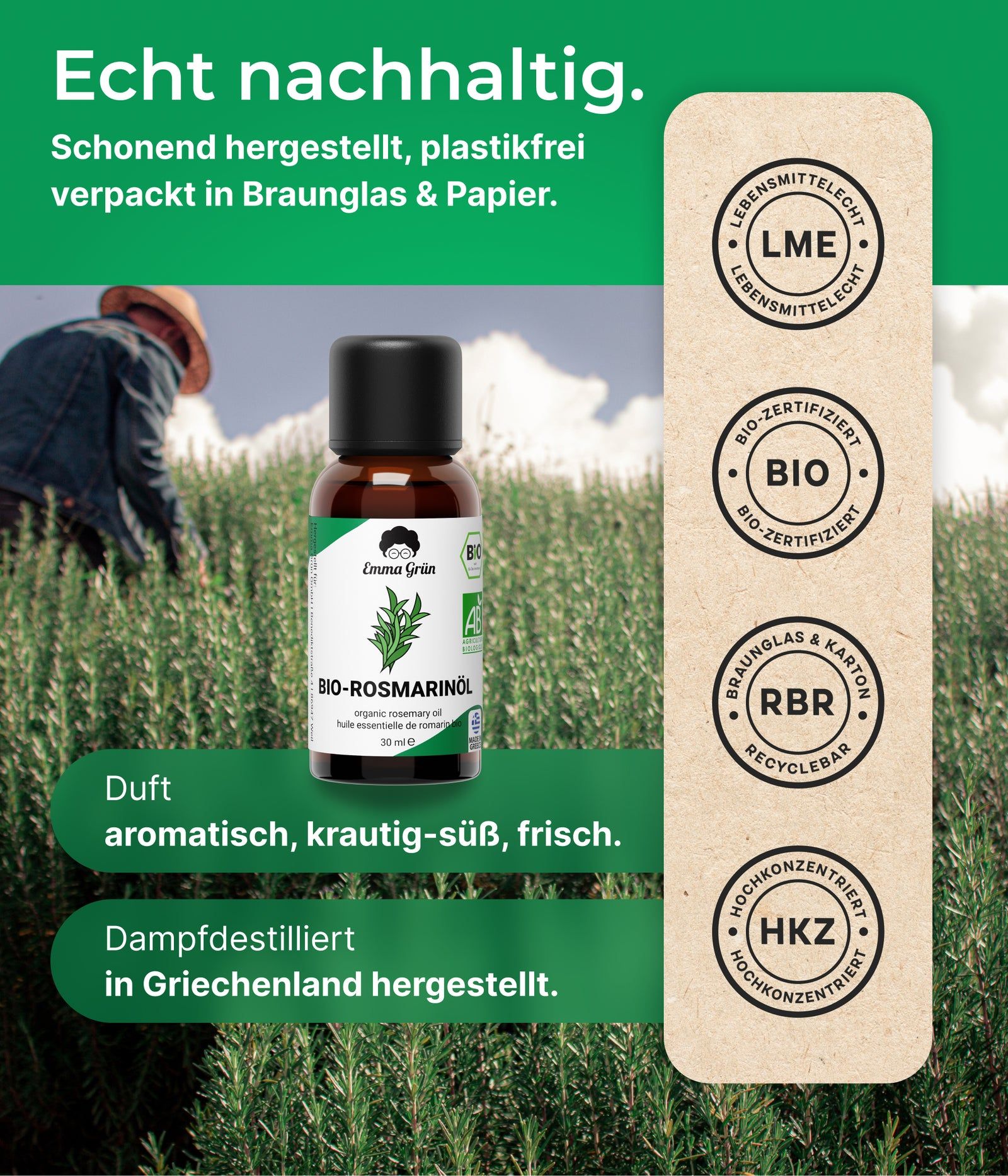 Emma Grün® ätherisches Bio Rosmarinöl naturrein & hochdosiert