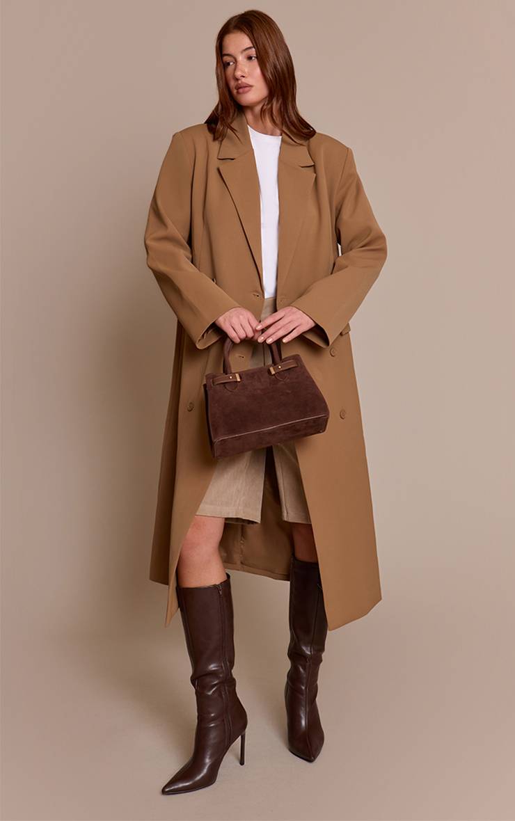 Taupe Veste Longue Cintrée À Double Boutonnage