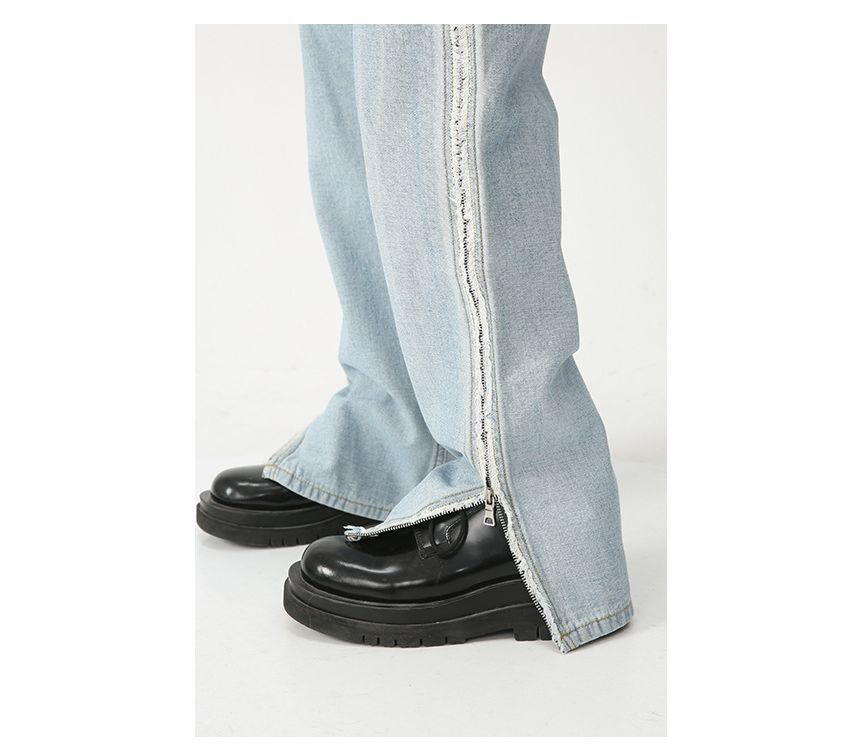 FAERIS - Mid Rise Washed Fray Zip Slit Straight Leg Jeans