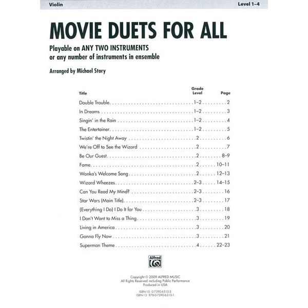 Alfred Music Publishing Movie Duets For All Violin