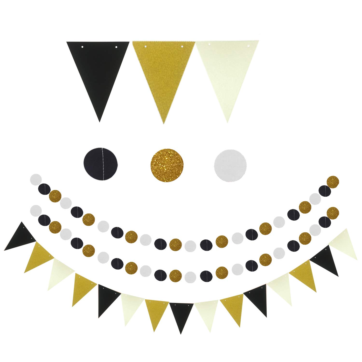 (20-tlg. Set) Papier Wimpelkette Fahnen Girlande Party Dekoration Pompon's / Rosetten - Schwarz / Gold