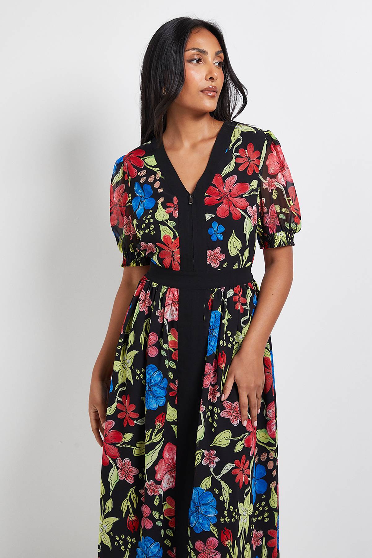 Wallis Robe Midi Petite à Imprimé Floral avec Manches Bouffantes et Fermeture Éclair