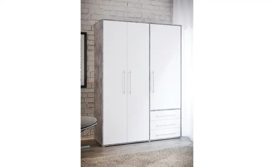 Kleiderschrank Mokkaro Betonoptik, Weiß 144,4 cm