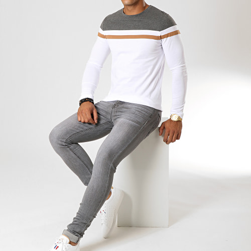 Tee Shirt Manches Longues Tricolore 844 Anthracite Blanc Camel