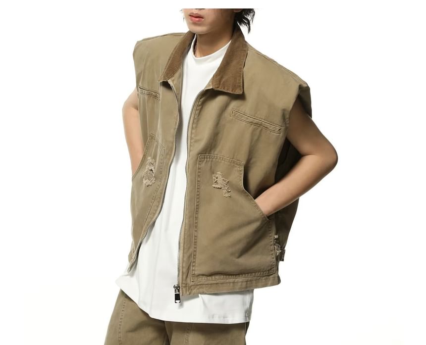 Cowpow - Effen vest met rits en distressed effect
