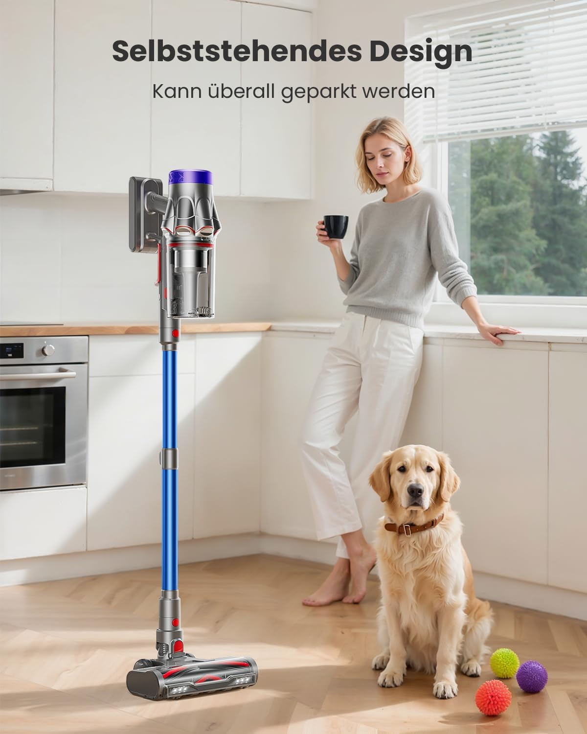 Akku Staubsauger 50000Pa/600W/65Min, 1,8L Staubsauger Kabellos mit Staubabstreif-Funktion, Anti-Tangle-Bürste, 8-Fach-Filtration Akkustaubsauger Selbststehend für Teppiche/Tierhaare/Hartböden