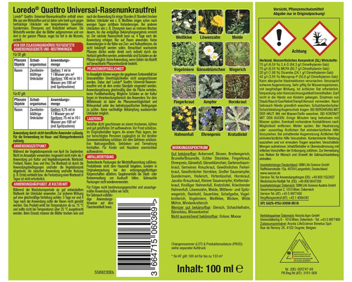 Onkruidverdelger voor gazons Bescherm de tuin Loredo Quattro Concentraat 100 ml