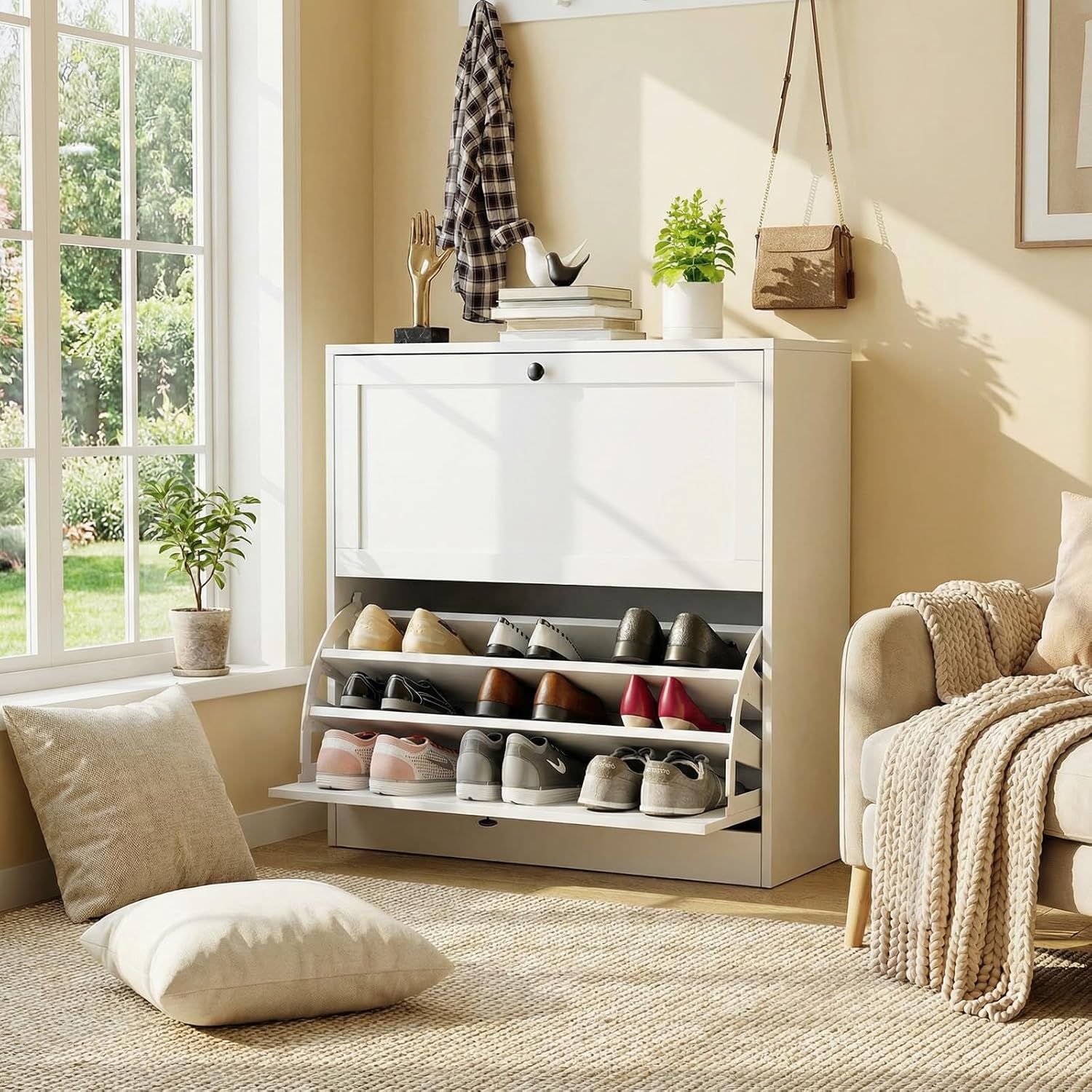 VOWNER Schuhschrank mit 2 Klappen, Schuhregal Schuhkipper Schmal, mit 6 Fächern, Schuhschrank Weiss, Verstellbar, Anti-Kipp-Vorrichtung für Eingangsbereich, Flur, 80 x 30 x 80 cm