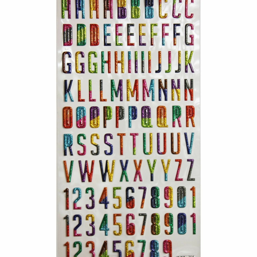 104 autocollants réutilisables - relief 3d - alphabet - multicolore - paillettes