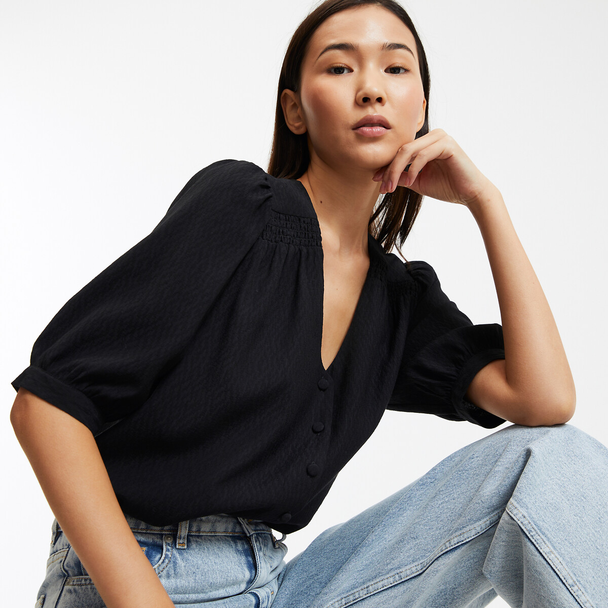 COLEÇÃO LA REDOUTE<br>Blusa fluida, decote em V, mangas curtas