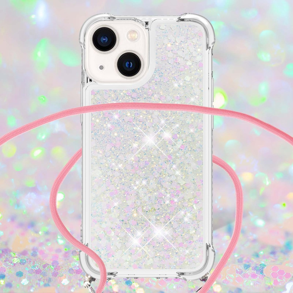 iPhone 14 Necklace Gummi Hülle Liquid Glitzer   Handykette (130cm) - Rosa / Silber