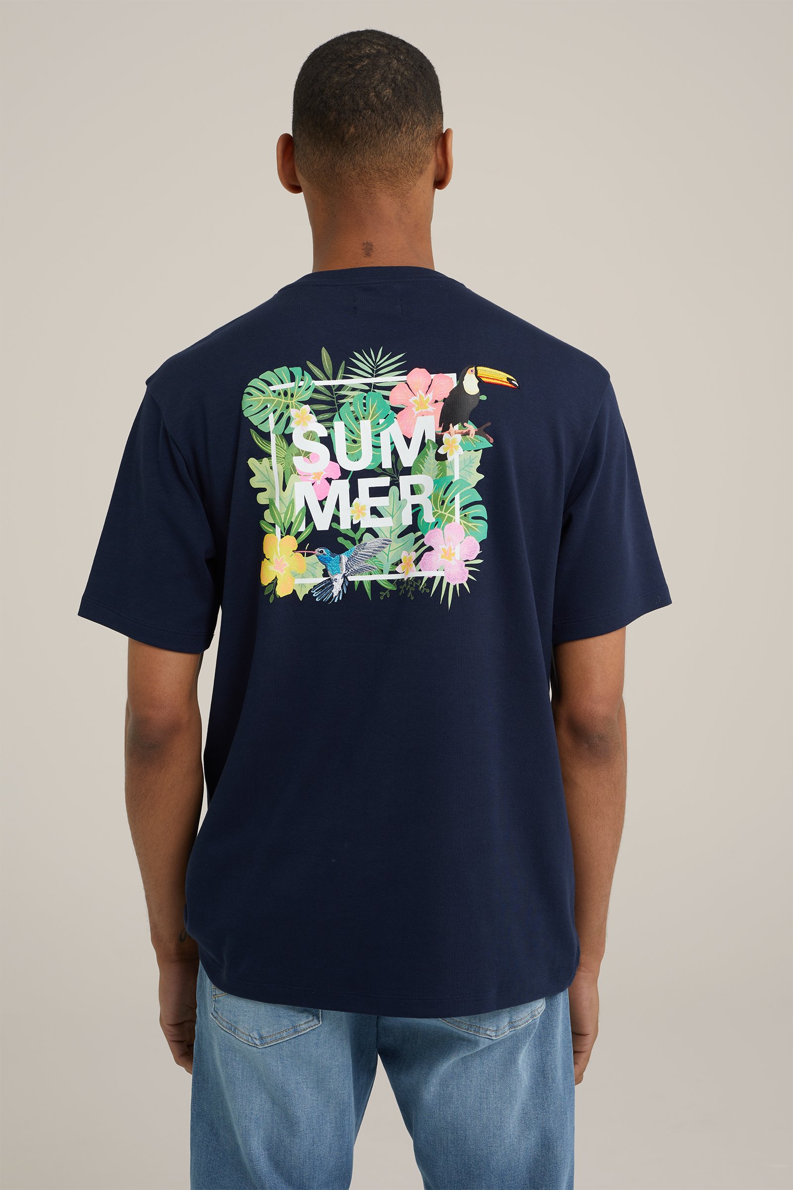 T-shirt met opdruk WE Fashion Donkerblauw