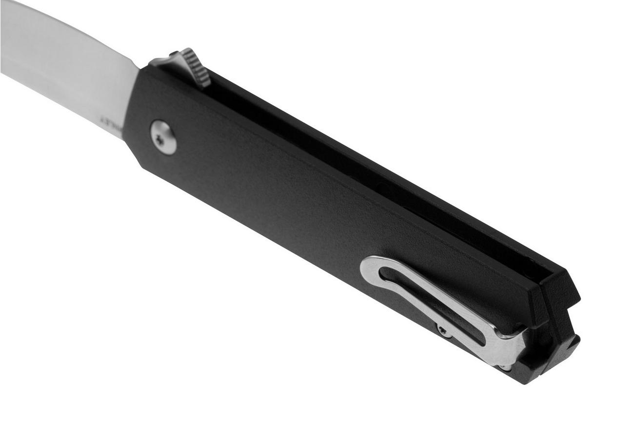 Böker Manufaktur Kwaiken Compact Button Lock 110073 Satin MagnaCut, Black Aluminium, zakmes, Lucas Burnley design