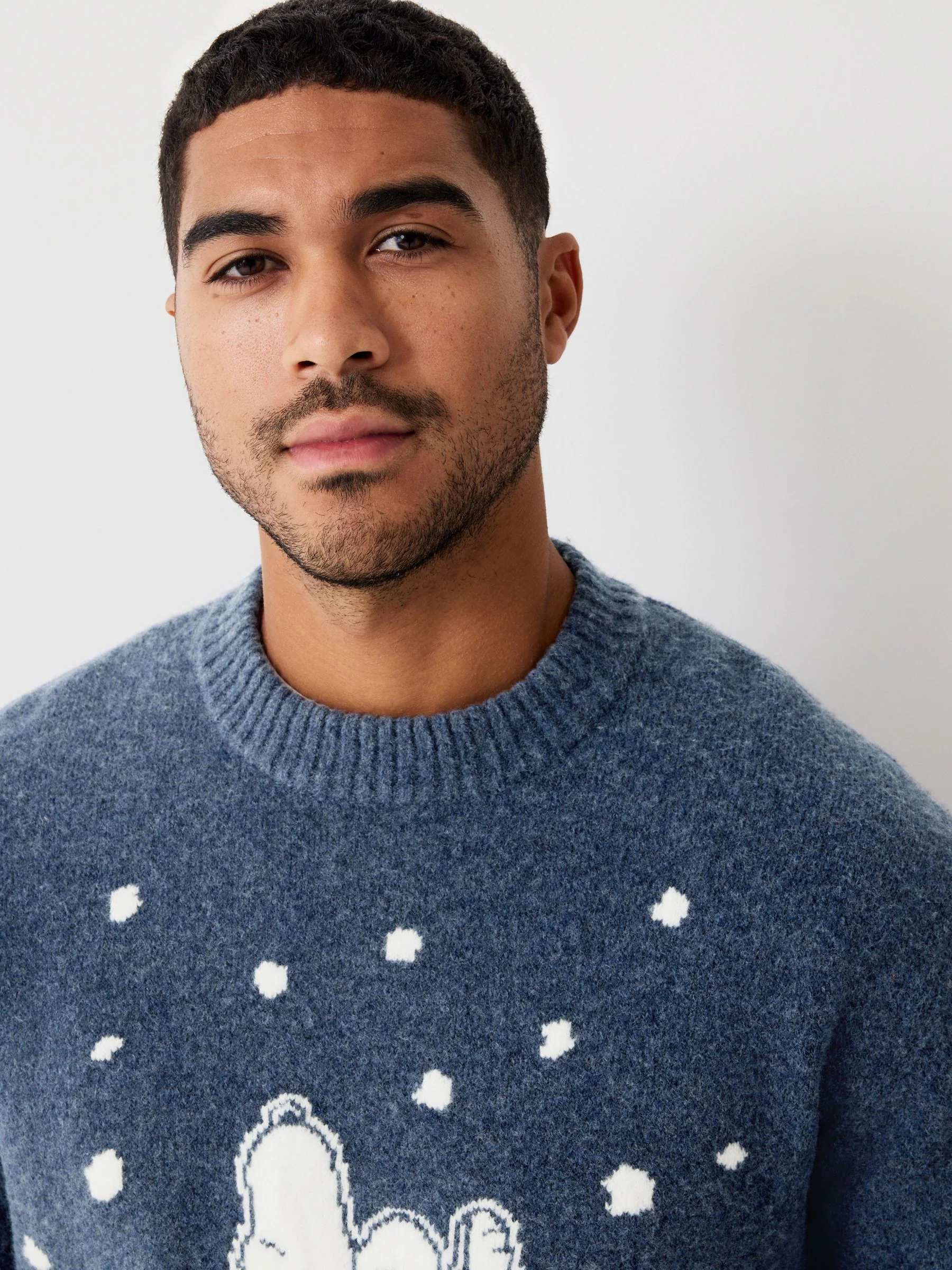 Blauw - Regular Fit Snoopy Christmas Crew Neck Jumper with Wool