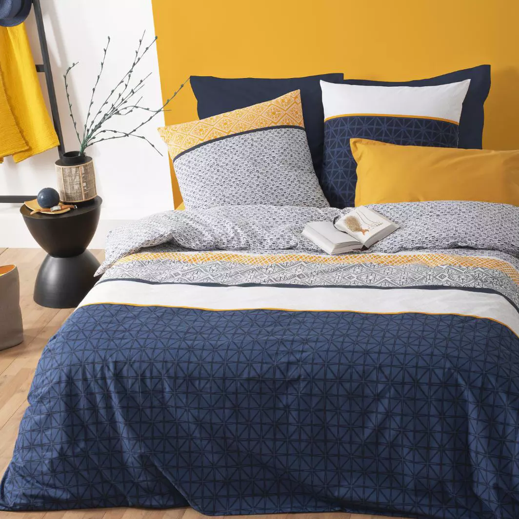 Housse de couette et deux taies coton (240 x 220 cm) Ray Etni Bleue