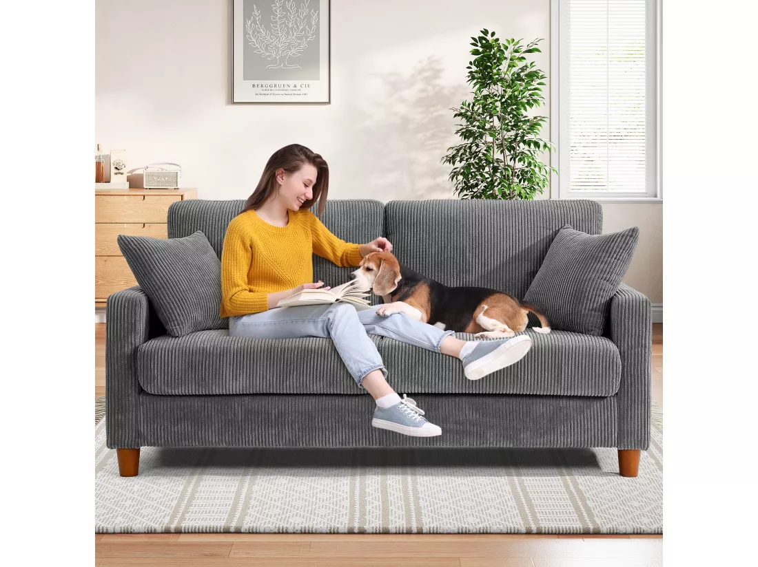 Canapé en Velours Côtelé 2 Places,Grand Canapé Droit Rembourré Moderne avec Sièges extra profonds de 56cm - 2 Coussins - 178x76x89cm - Gris