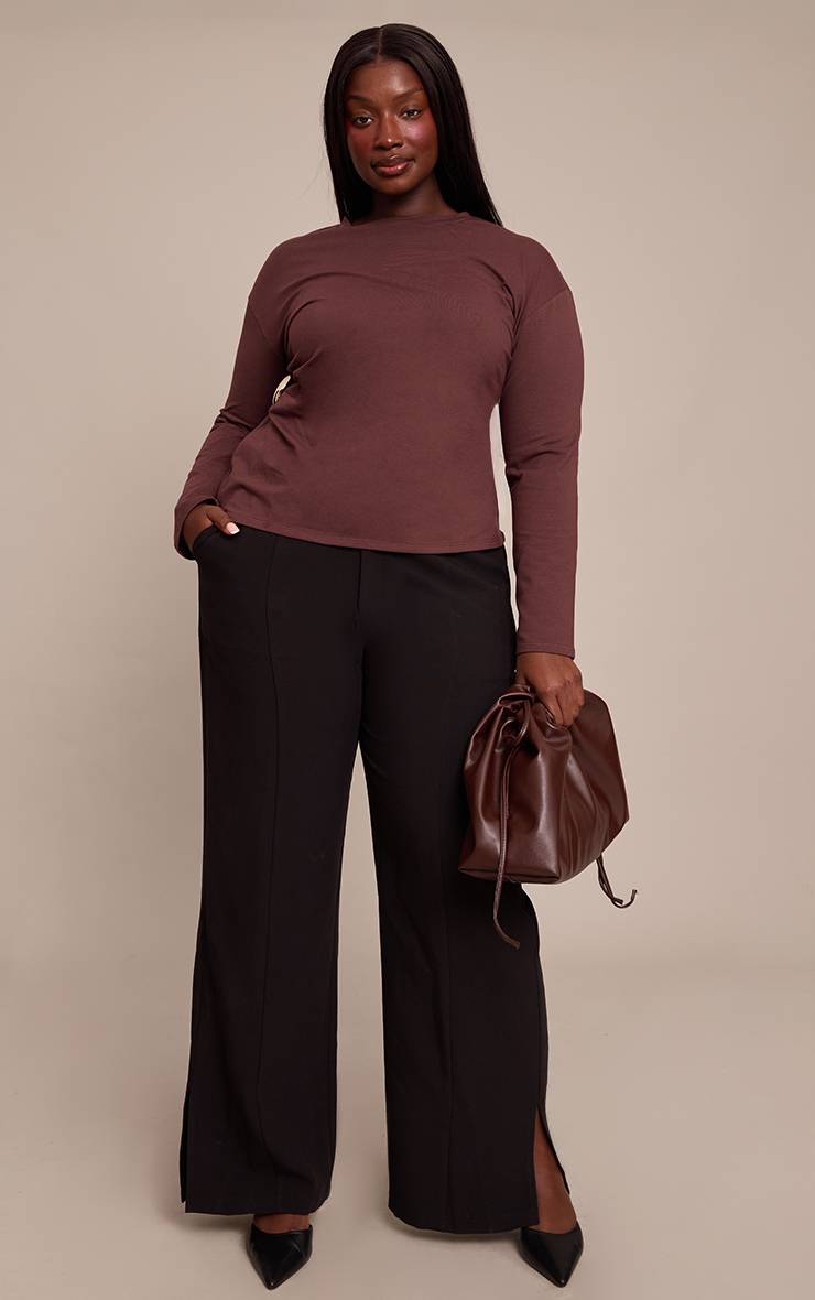 Chocolat T-shirt Grande Taille En Coton À Manches Longues Avec Détail De Bande Latérale
