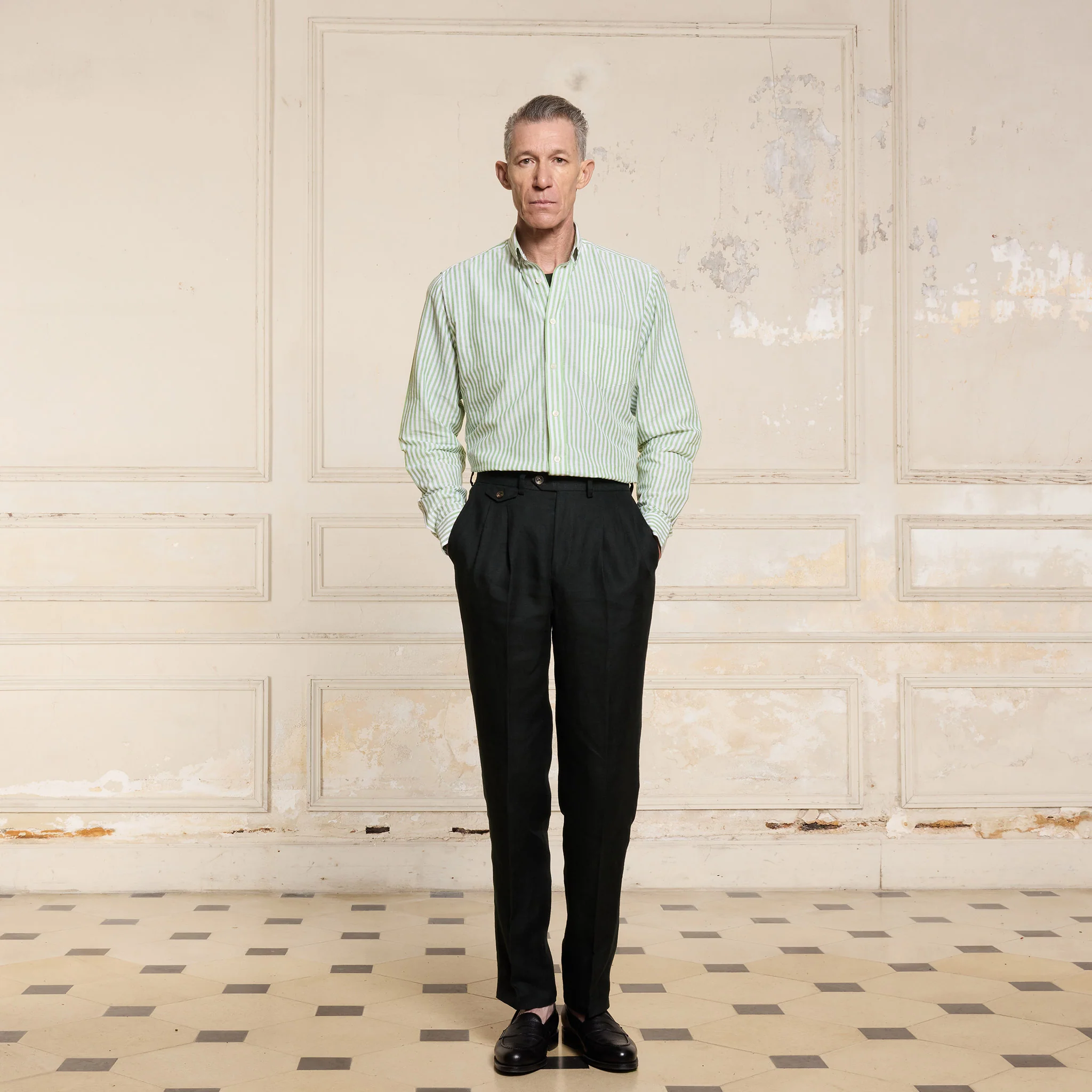 Green and white striped cotton and linen shirt