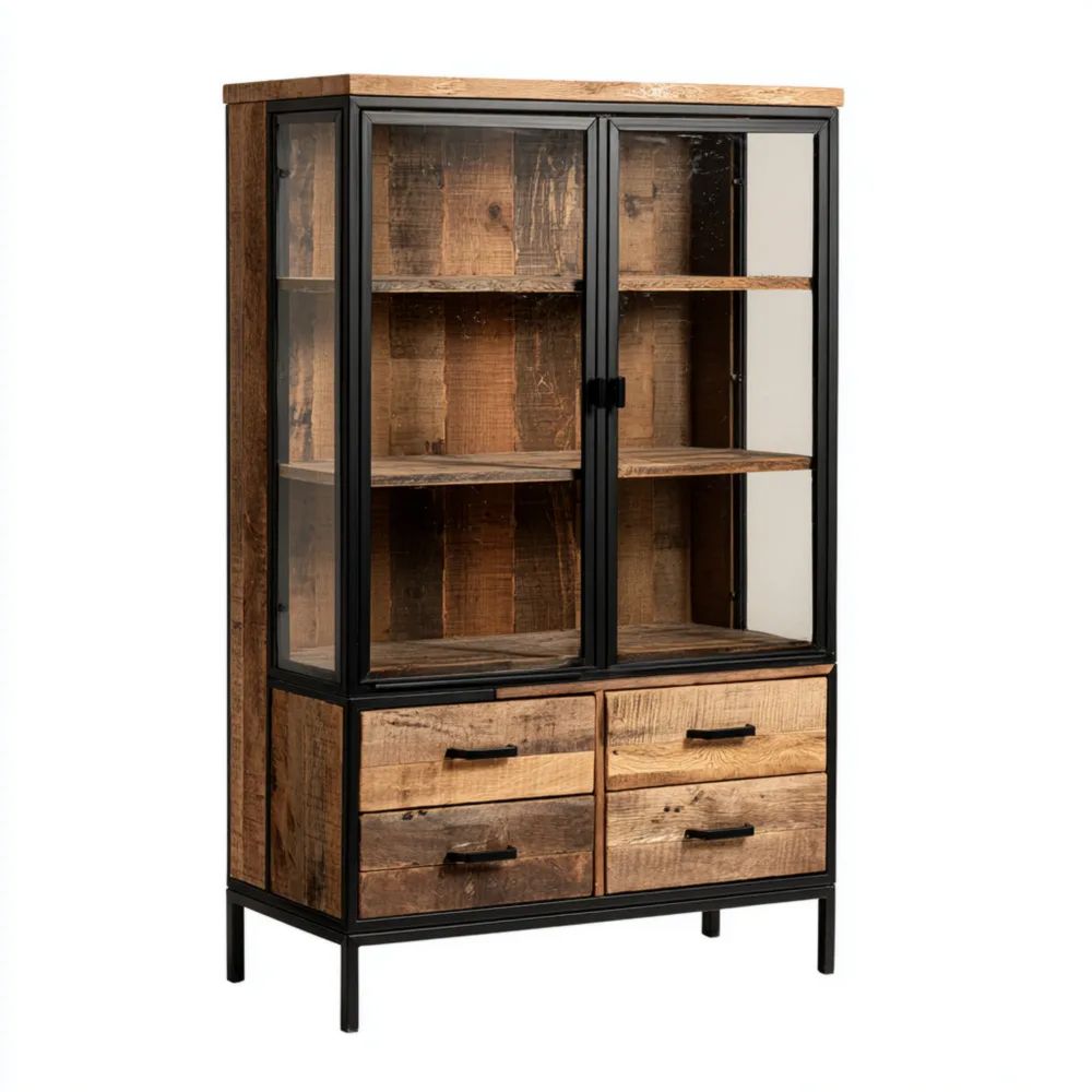 Vitrine Massivholz Glas Schwarz/Naturholz 120x45x200 cm - Industrielle