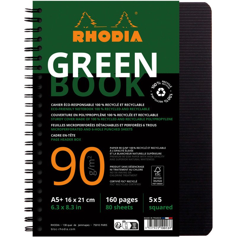 Cahier spirale Rhodia Greenbook A5+ -16 x 21 cm - 5 X 5 - 160 pages