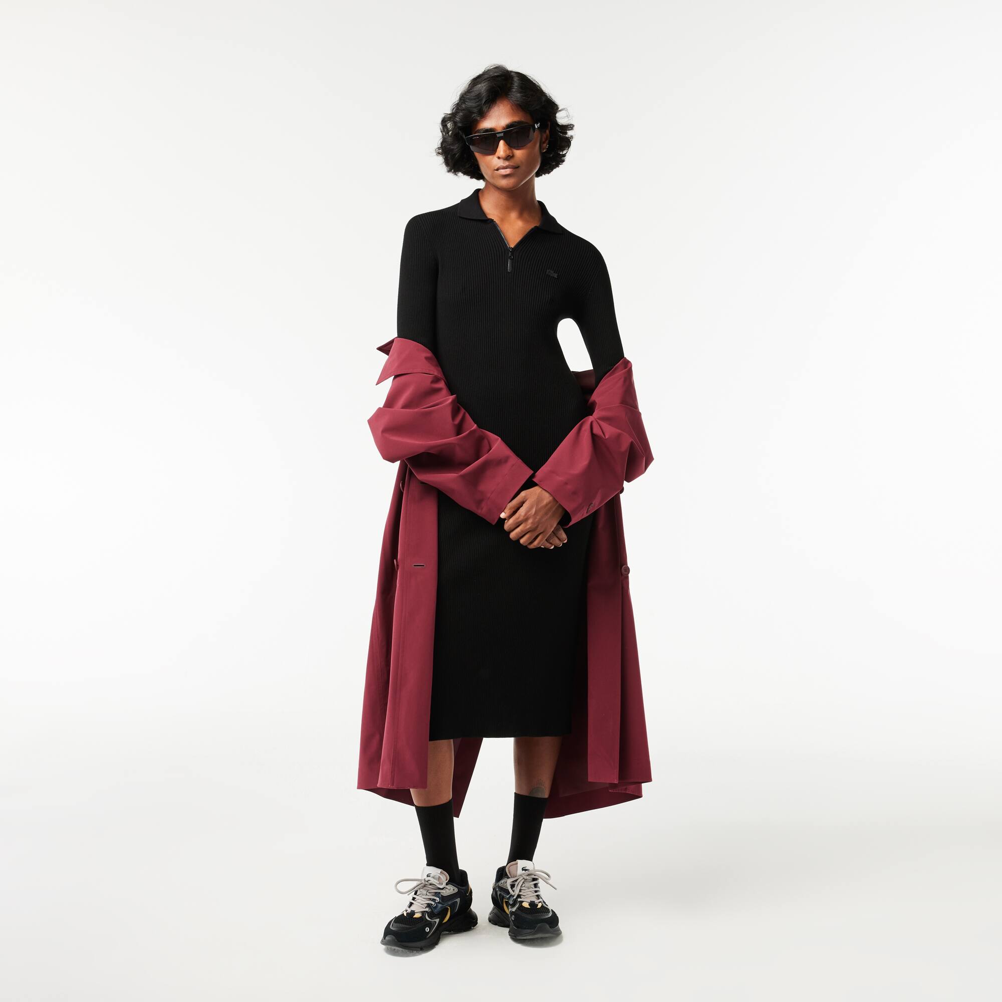 Geripptes langes Polokleid aus nahtloser Strickware Kleider & Röcke - Schwarz - Lacoste - Damen