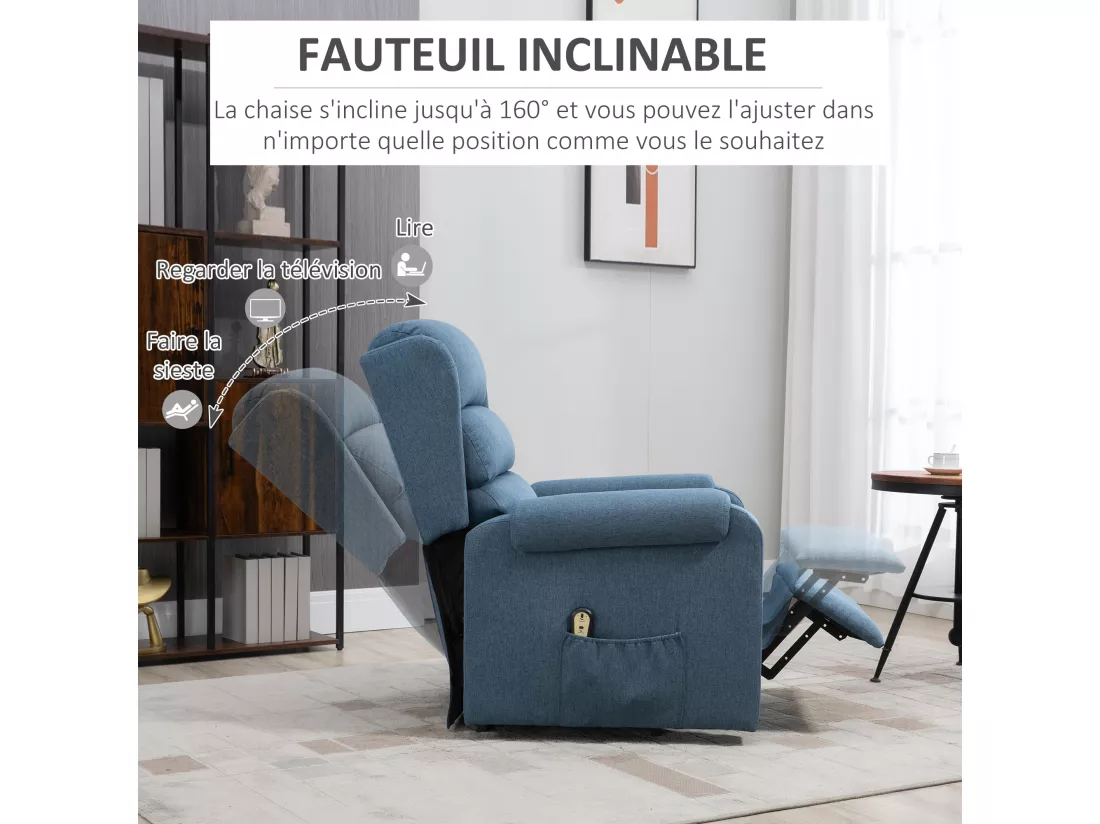 Fauteuil de relaxation électrique fauteuil releveur inclinable avec repose-pied ajustable télécommande tissu bleu