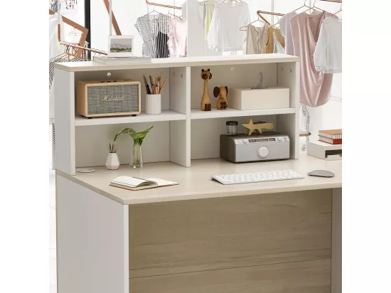 Comptoir de réception avec compartiments ouverts Tiroir verrouillable étagères Salon Bureau Bois&Blanc 140x60x110cm
