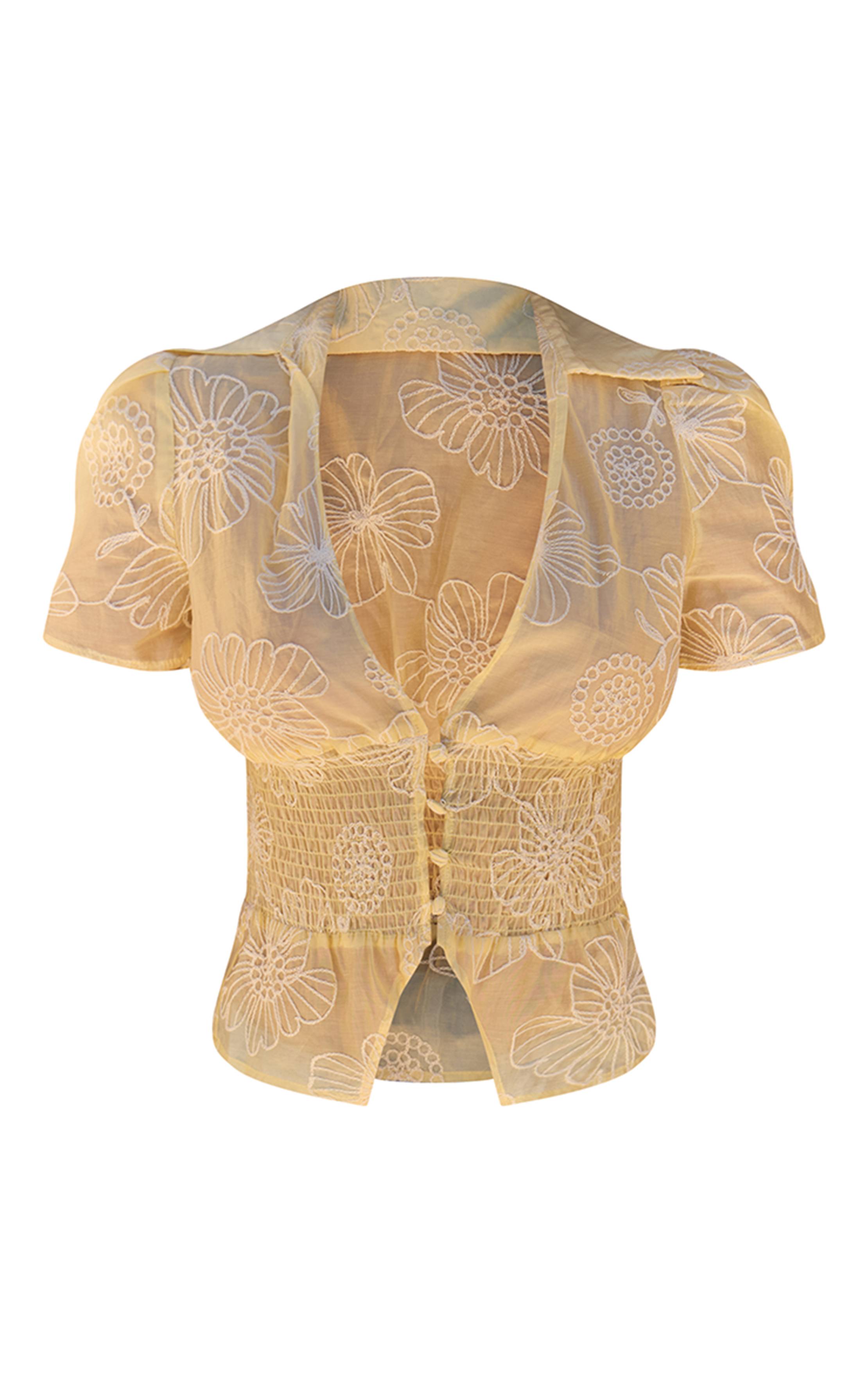 Pale Yellow Haut Court À Manches Bouffantes Et Broderie Florale