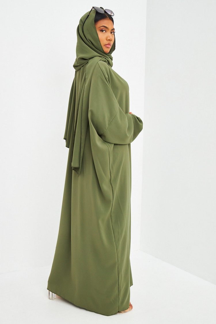 Abaya kaki ample avec voile intégré