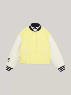 Jaqueta cropped com logo nas costas estilo universitário